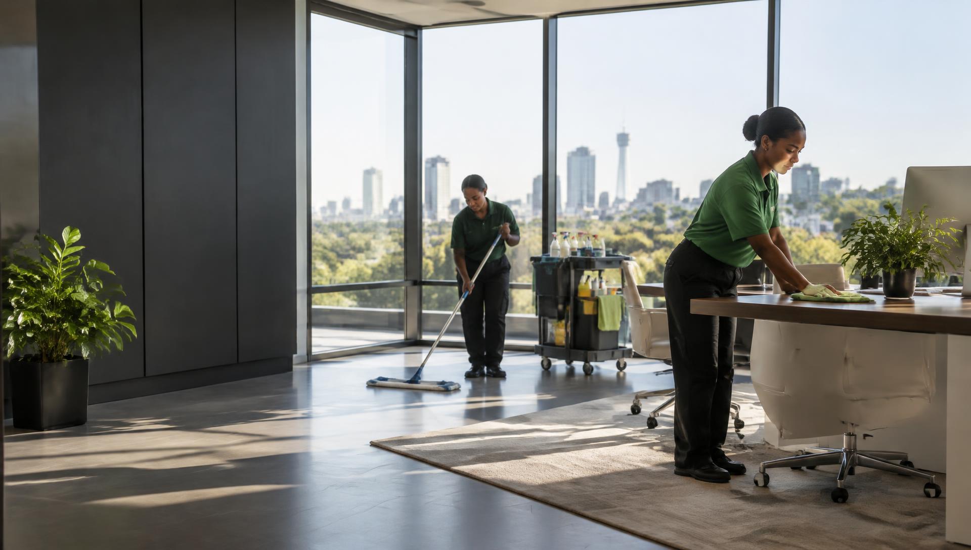 Cleaning professionals caring for a sunlit office space