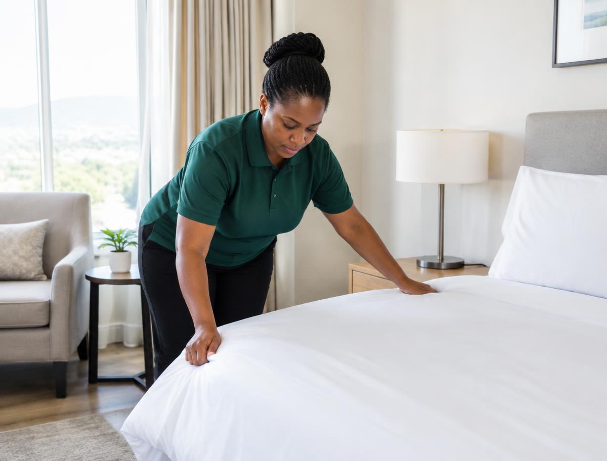 Hospitality housekeeper preparing clean bed linen in a guest room
